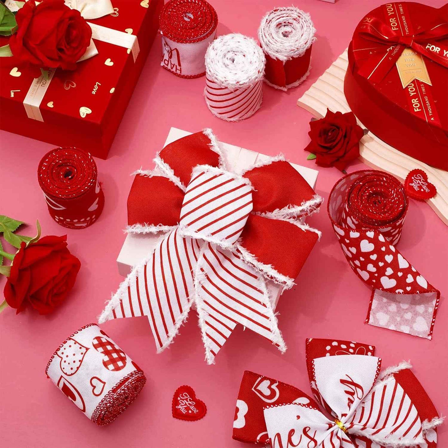 Whaline 36 Yard Happy Valentine's Day Wired Edge Ribbon Red White Love Hearts Craft Ribbon with Burr Wedding Fabric Wrapping Ribbon for Anniversary Wreath Bow Making DIY Crafts Supplies, 6 Roll