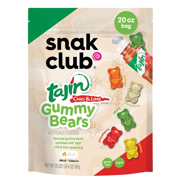 Snak Club Tajin Gummy Bears Assorted Fruit Candy Gummies 9 oz Resealable Bag