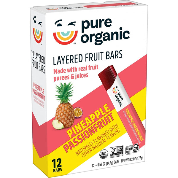 Pure Organic Layered Fruit Bars, Gluten Free, Vegan Fruit Snacks, Pineapple Passionfruit (2 Boxes, 24 Bars)