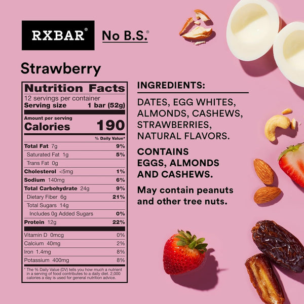 RXBAR Protein Bars, 12g Protein, Gluten Free Snacks, Strawberry, 12 Count Box