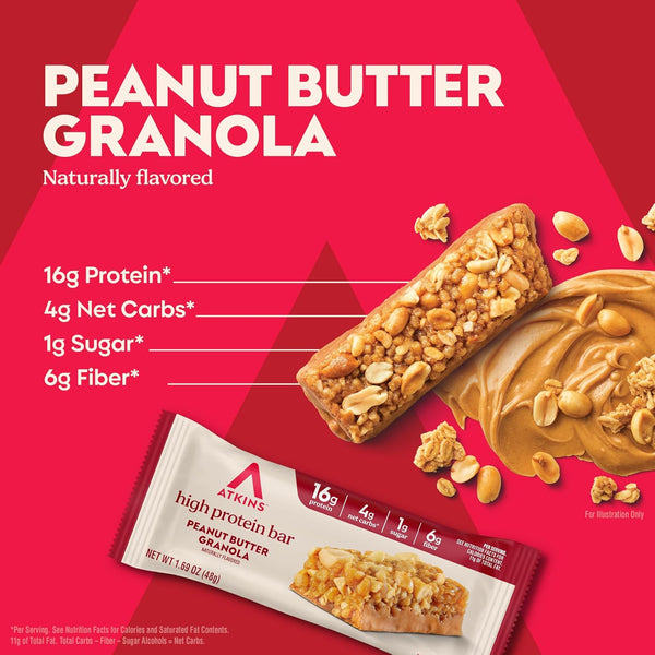 Atkins Peanut Butter Granola High Protein Bar, 12 Count, 16g Protein, 1g Sugar, 4g Net Carb