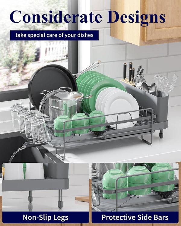Adjustable kitchen dish drying rack with drainage and cutlery holders