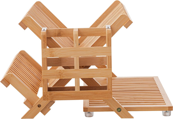 Bamboo Folding 2-Tier Collapsible Dish Rack with Utensil Holder Set