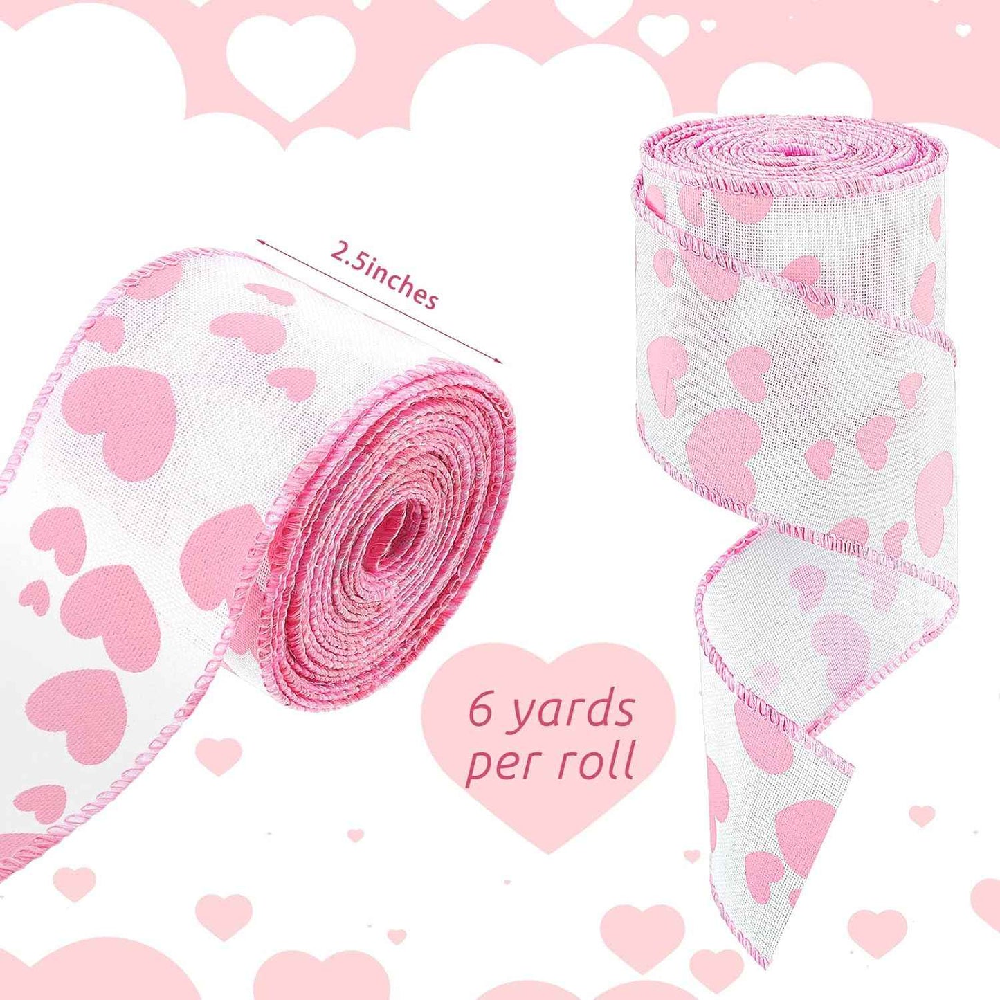 Dingion Valentine's Day Burlap Wired Ribbon 2 Rolls 12 Yards Heart Printed Love Edge Ribbon 2.5 in Patterned Hearts for Favor Wrapping Wreaths Craft Prensent Wrapping Decorative (Pink)