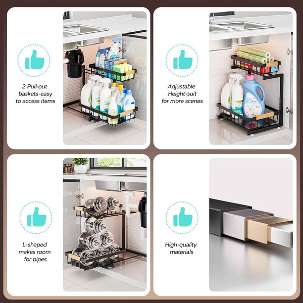 ADBIU Under Sink Organizer, 2 Pack 2 Tier Expandable Height (13.2" - 17.2") Pulling Out Kitchen Bathroom Cabinet Organizers
