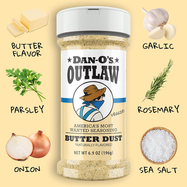 Dan-O's Outlaw Butter Dust Seasoning 6.9 oz - Sugar Free Zero Calorie Dry Spice Blend for Chicken Vegetables Popcorn