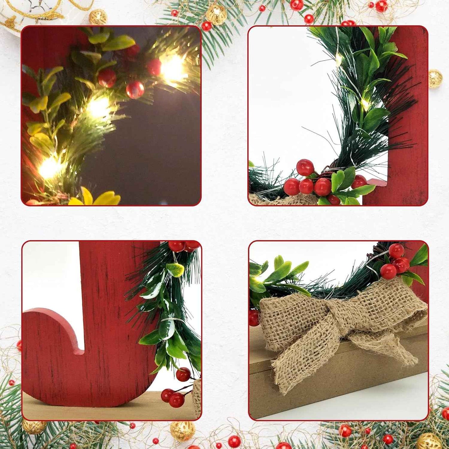 Christmas Decorations for Home LED Lighted JOY Decor Farmhouse Wooden Wreath Tabletop Merry Christmas Signs Rustic Holiday Block cIndoor Decorative Sign