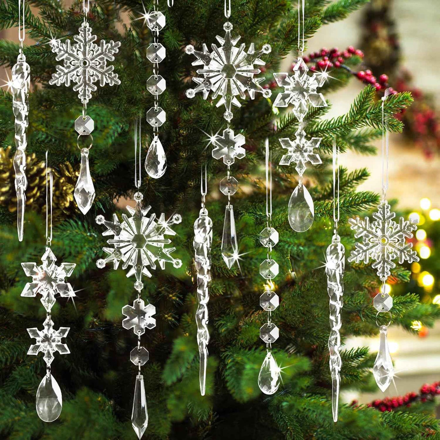 18pcs Crystal Christmas Ornaments for Tree Decorations-Hanging Acrylic Snowflake Icicle Ornaments with Drop Pendants for Winter Wonderland Chandelier Crystals Decorations Supplies