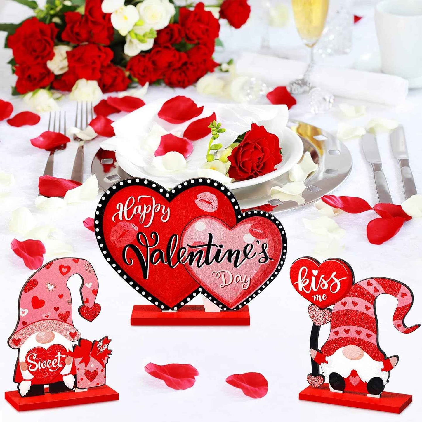 Capoda 5 Pieces Valentine's Day Wooden Table Sign Decoration Freestanding Table Centerpiece Sign Romantic Truck Heart Shape Home Decor Tiered Tray Gnome Valentines Day Accessories(Red)