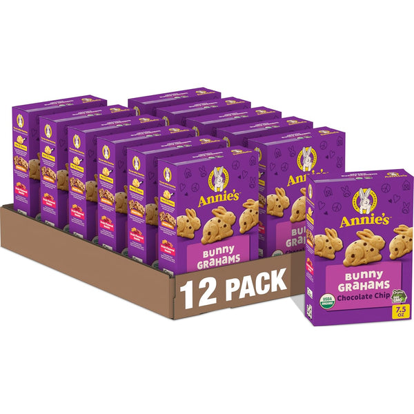 Annie's Organic Friends Bunny Grahams Snacks, Chocolate Chip, Chocolate, and Honey Baked Graham Crackers, 12 Pouches, 12 oz