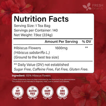 100% Natural Hibiscus Flowers Tea Bags, Loose Flower Herbal Tea, No Sugar, No Caffeine, No Gluten, Vegan
