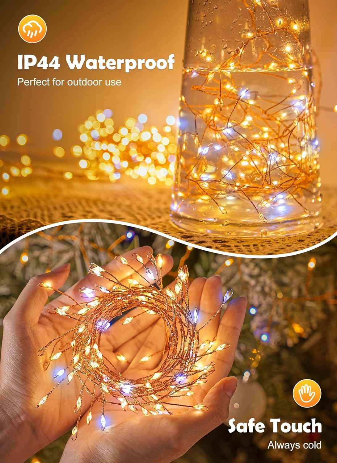Fairy Lights Plug-In String Lights, 200 LED Twinkle Firecracker Lights, Waterproof Christmas Tree Lights for Indoor/Outdoor Bedroom, Patio, Garden Décor