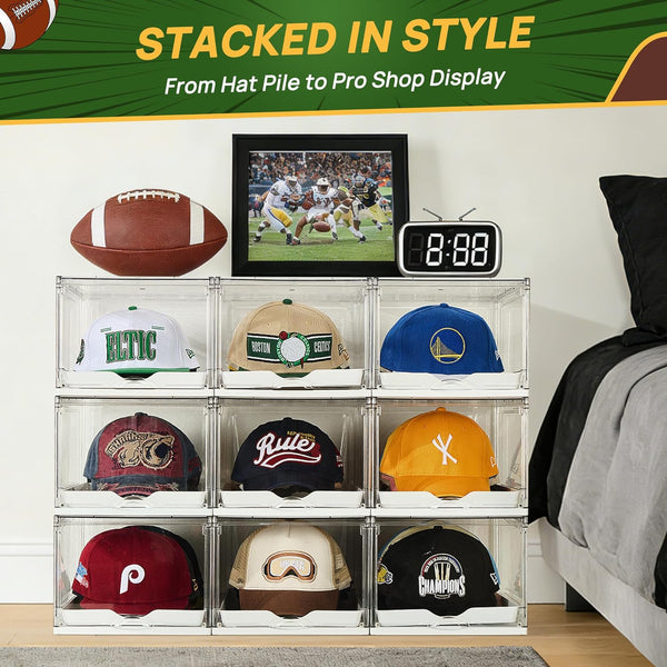 Hat Organizer for Baseball Caps, Clear Storage Box with Drawer and Sliding Tray