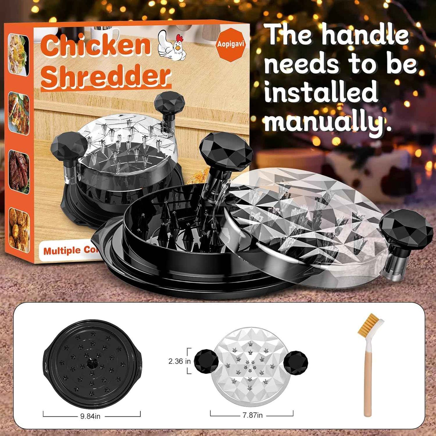 Chicken Shredder with Brush Chicken Shredder Tool Twist Stable Anti-Slip BPA Free Meat Shredder Tool Twist Ergonomic Handle Meat Grinder Dishwasher-safe Transparent Lid Black