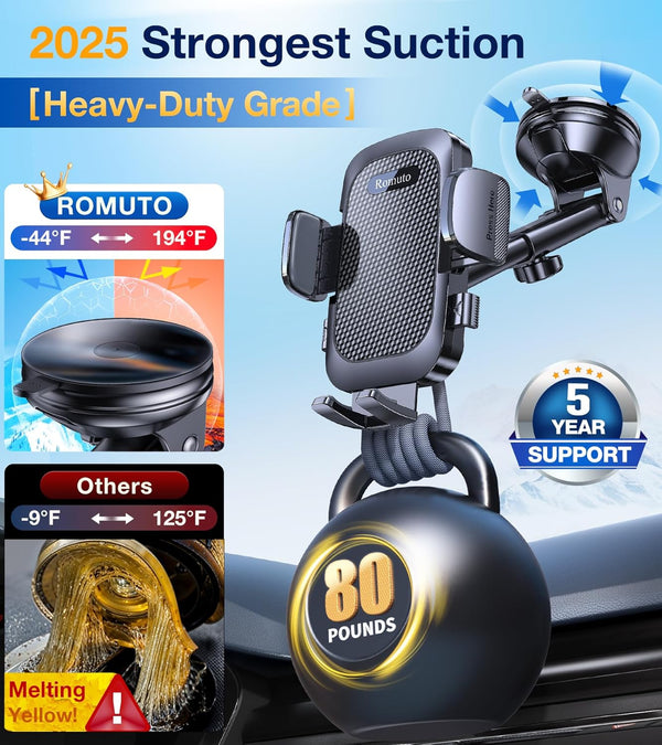 Phone holder for car dashboard, windshield, or vent with strong suction and adjustable arm