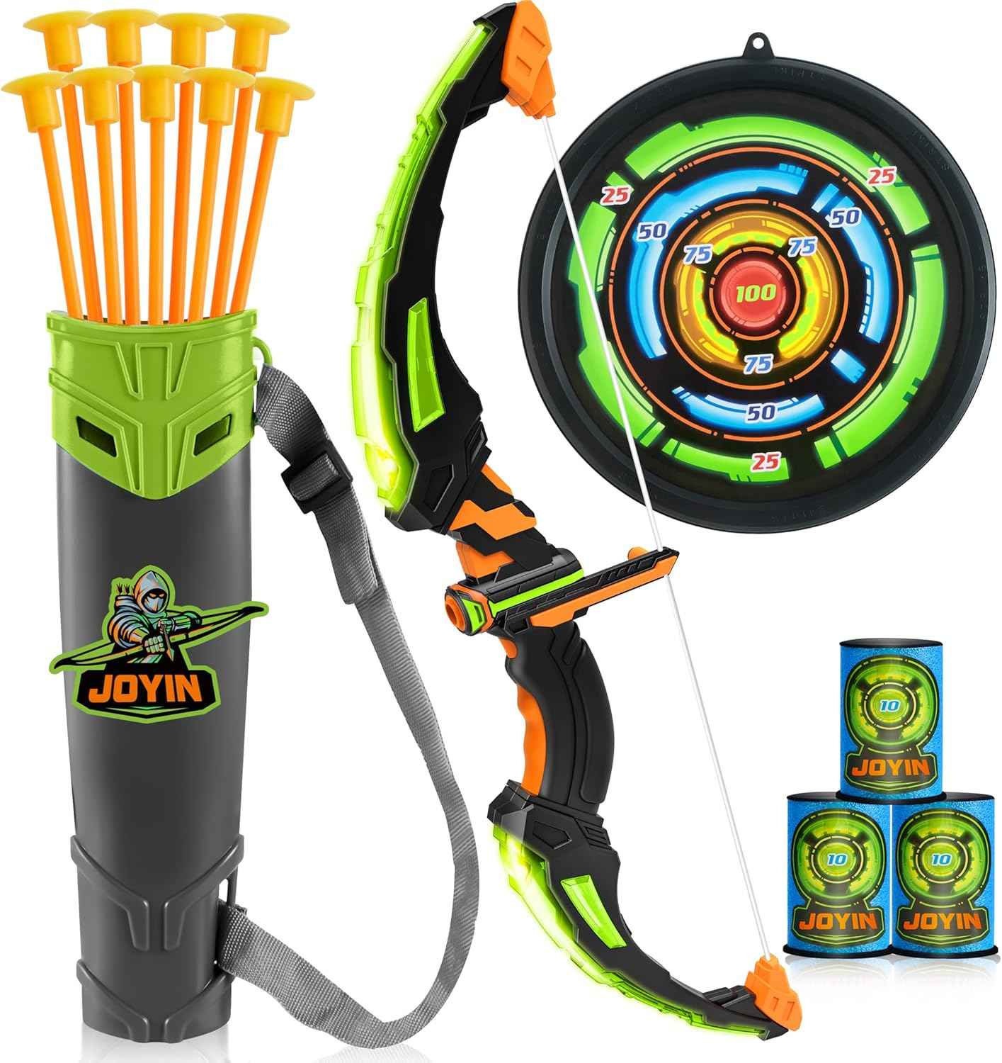JOYIN Kids Bow and Arrow Set, LED Light Up Archery Toy Set with 9 Suction Cup Arrows, Target & Arrow Case, Indoor and Outdoor Hunting Play Gift Toys for Kids, Boys & Girls Ages 6-12