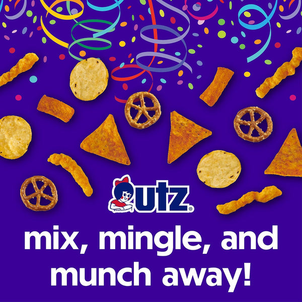 Utz Party Mix snack mix includes corn tortillas, pretzels, and cheese curls, 1.62 pounds, resealable container