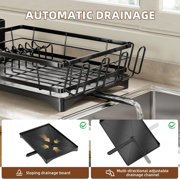 Stainless Steel Dish Rack with Cutlery Holder and Cup Holders for Kitchen Counter