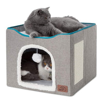 Bedsure Large Grey Cat Cave with Fluffy Ball and Scratch Pad, Foldable, Indoor Pet House for Cats, 16.5x16.5x13 inches