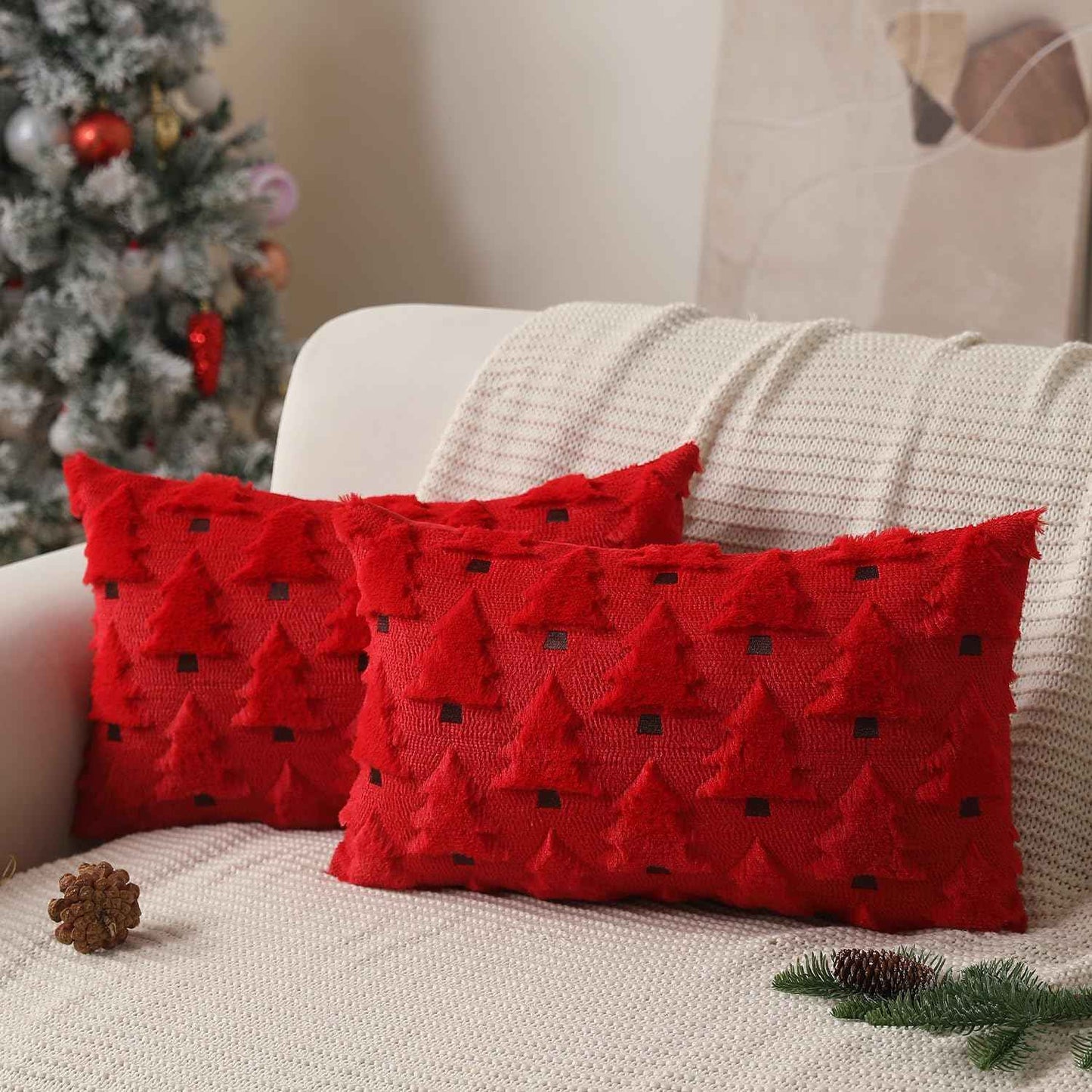 Christmas Pillow Covers 18x18 inch, Set of 2 Soft Plush Faux Fur Wool Throw Pillow Cases with Beige Christmas Tree Design