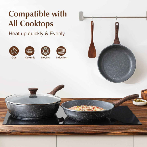 Swiss Granite Nonstick Frying Pan Skillet, PFOA Free, Stone Cookware, 8/9.5/10/11/12.5 Inch, Chef's Pan