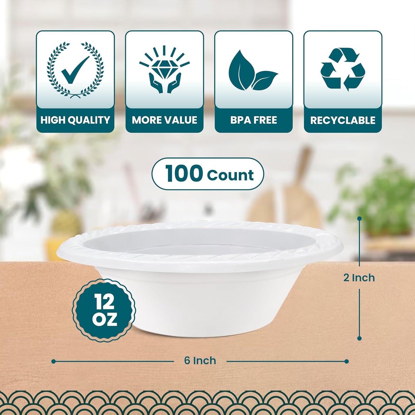 R-kay Plastic Bowls - 100 Count Microwavable Disposable Bowls - Strong Heavy Duty And Sturdy White Plastic Bowls Disposable (12 OZ, 100)