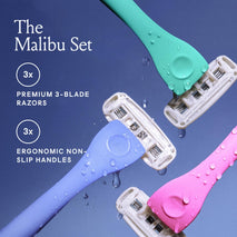 Billie 3-blade disposable razors for women - Malibu set, 3 razors, flexible head, aloe shave soap, matte rubber handle, travel ready