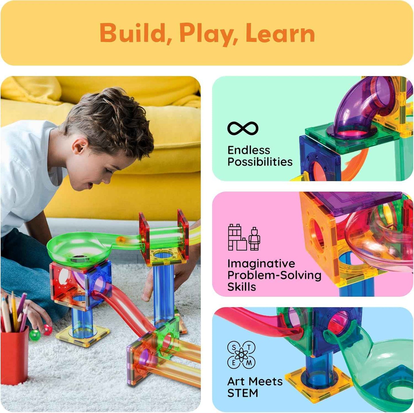 PicassoTiles 50pcs Magnetic Tiles Marble Run for Kids Race Track Toy Marble Maze Sensory Toys for Toddlers STEM Educational Set Magnet Building Blocks Construction Building Tiles Boys Girls 3+ PTG50