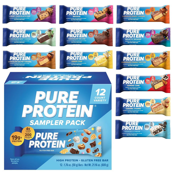 Pure Protein Chocolate Peanut Butter Bars, 20g Protein, 3g Sugar, 190 Calories, 12 Count, Gluten Free