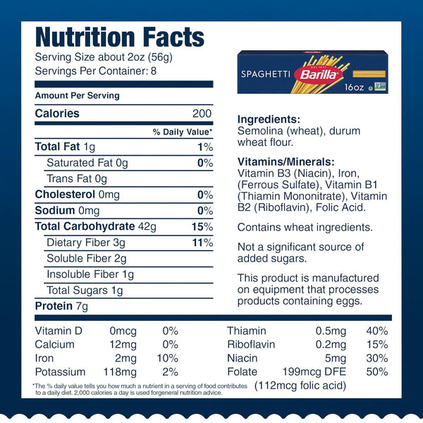 Barilla Spaghetti Pasta, Non-GMO, Durum Wheat Semolina, Kosher Certified, 16 oz. Box (Pack of 8)