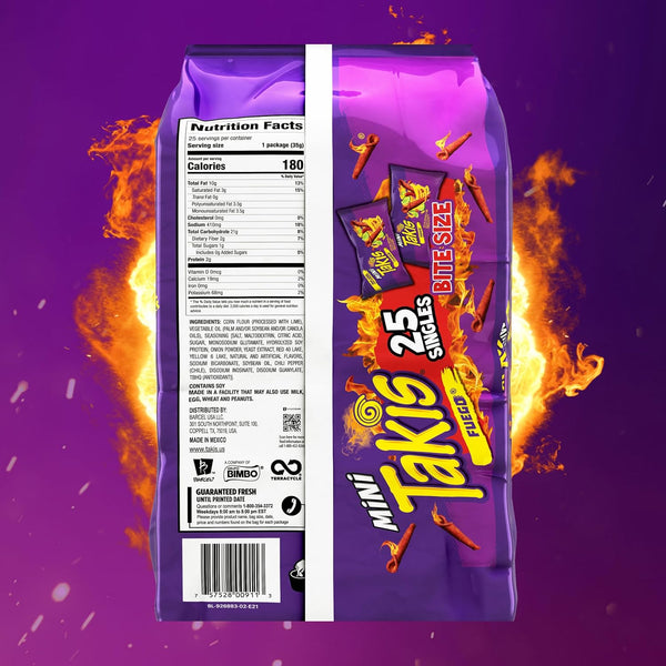 Takis Fuego Mini 25 pc 1.23 oz Bite Size Multipack Rolled Tortilla Chips