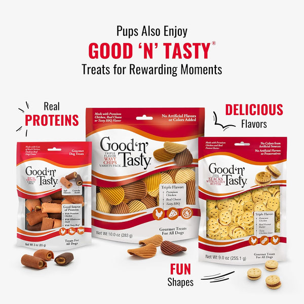 goodnfun triple flavor 7 inch rolls for dogs, 6 count, beef hide and chicken