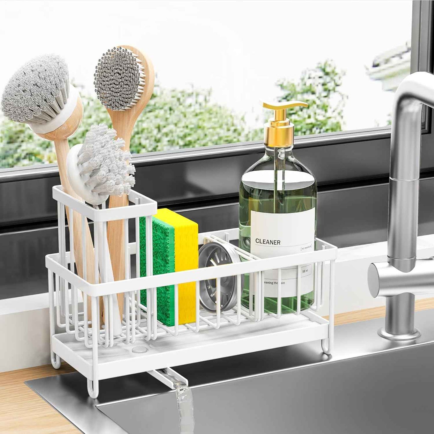 Cisily Silver Sponge Holder for Kitchen Sink, Sink Caddy Organizer with High Brush Holder, Kitchen Countertop Organizers and Storage Essentials, Rustproof 304 Stainless Steel, Soap Dispenser Organize