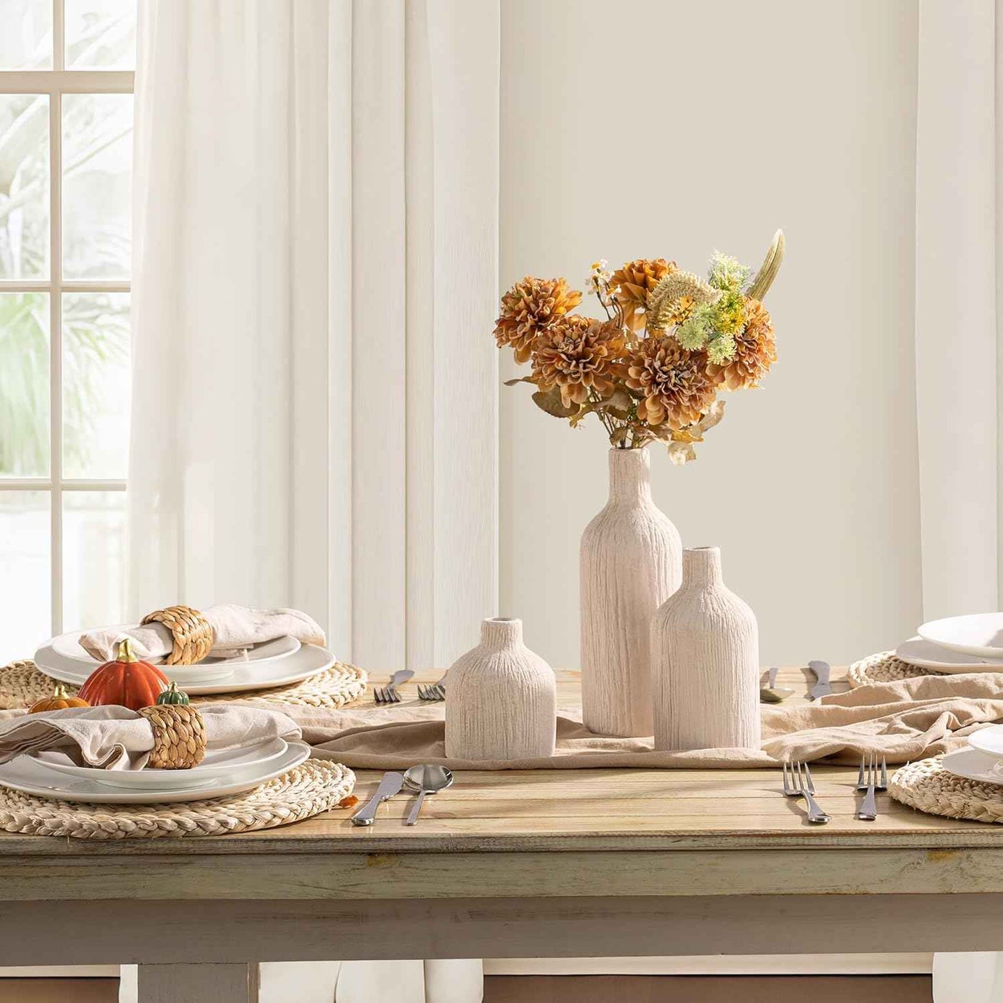 Ceramic Vase Home Table Decor - White Flower Vase Set of 3 Living Room Kitchen Decorations Farmhouse Modern Rustic Vases Decorative Centerpiece for Shelf Bedroom Office Bathroom Dining Coffee Desk