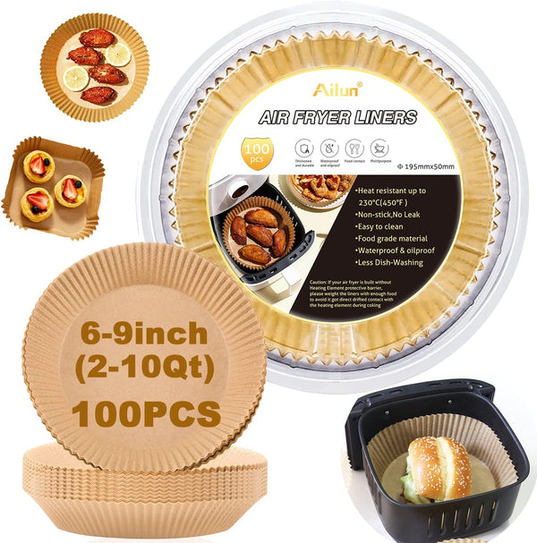 Ailun Air Fryer Paper Liners 8inch, 100PCS Non-Stick Parchment Paper,Oil Resistant,Disposable Food Grade Free of Bleach Paper Square for 5-8 QT Air Fryer Baking Roasting Microwave