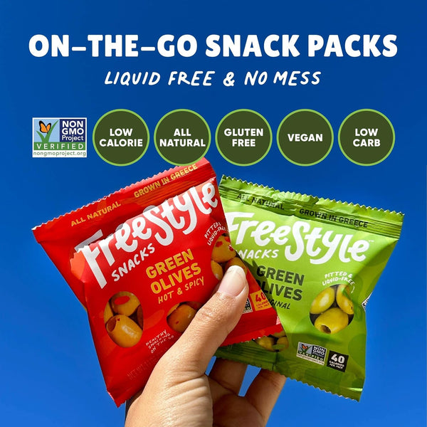 Freestyle Snacks Olive Snack Packs - Single Serve - Fresh Pitted Green Olives, Grown in Greece, All Natural, Non-GMO, Sugar-Free, Salty Snack - Variety