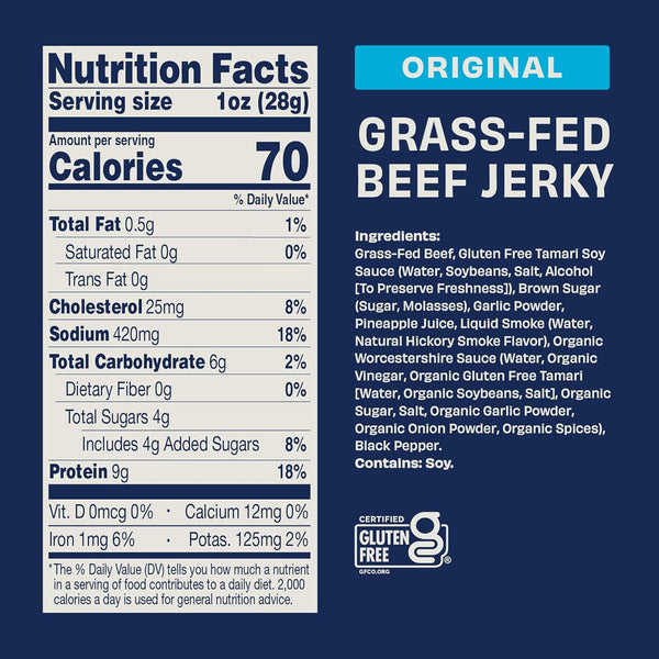 Country Archer Grass Fed Beef Jerky, 7 oz, Original Flavor, Gluten Free, No Nitrates