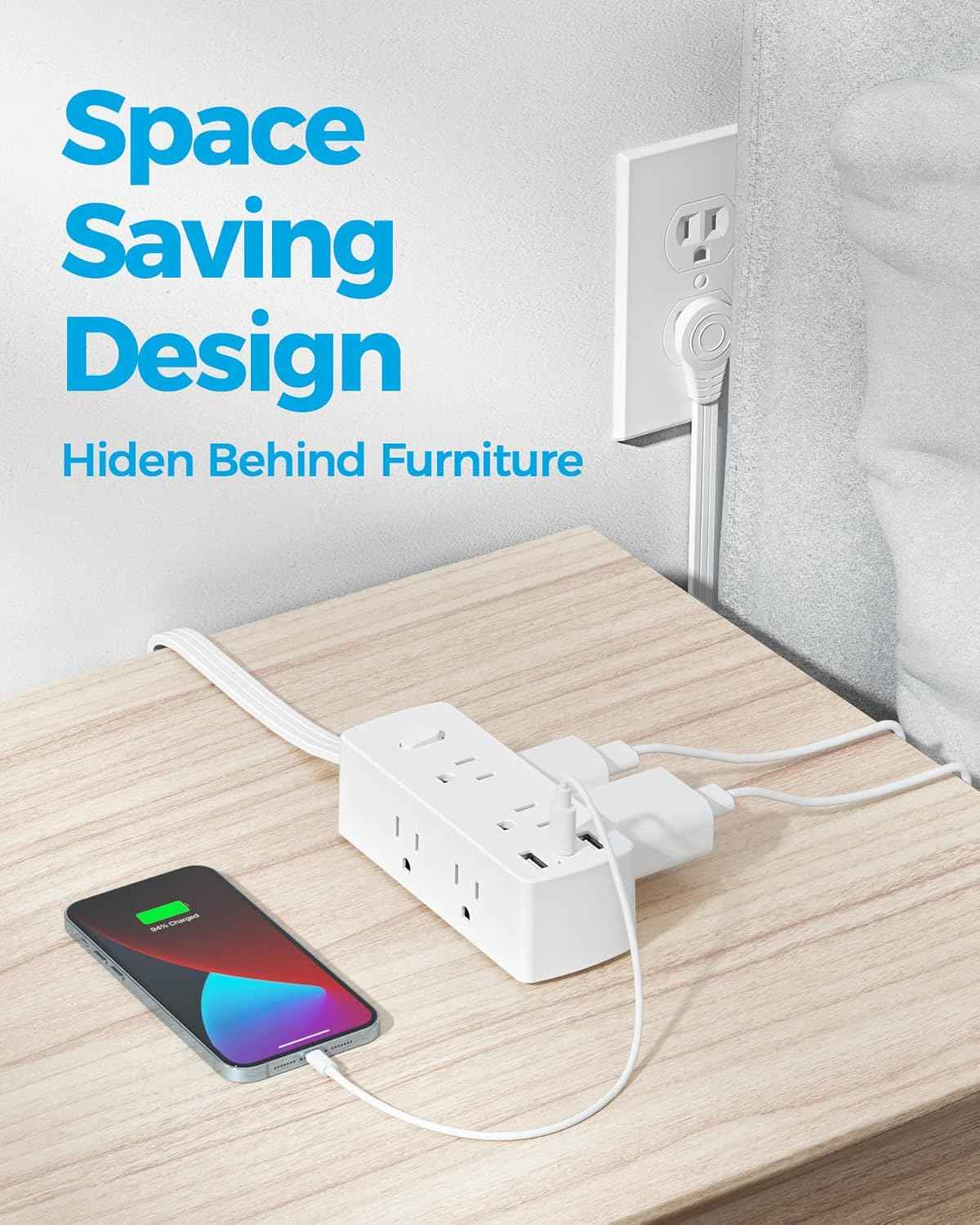 Power Strip Surge Protector, Olcorife Ultra Thin Flat Plug Extension Cord 5ft, 6 Outlets 3 USB Ports(1 USB C), 3 Sided Outlet Extender for Home Office Travel Dorm Room Essentials, White