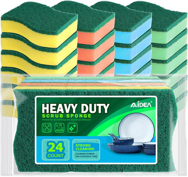 AIDEA Sponges Kitchen, 24 Pack Heavy Duty Dish Sponge, Cleaning Dish Scrubber Sponge for Home and Kitchen, Stink-Free Cleaning Supplies for Pots, Pans