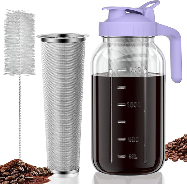 Heavy Duty Glass Mason Pitcher with Spout Lid and Stainless Steel Filter