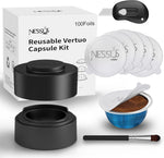 Nessus Reusable Kit for Nespresso Vertuo, Reusable Aluminum Foil Seal Lid, Holder, Brush, 100 Pcs Food-Grade Capsules for Vertuo Plus Next