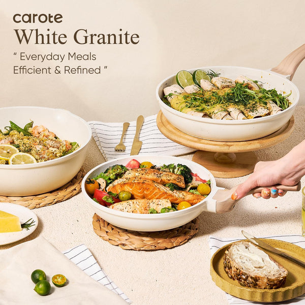 14-piece non-stick cookware set with utensils and pan protectors