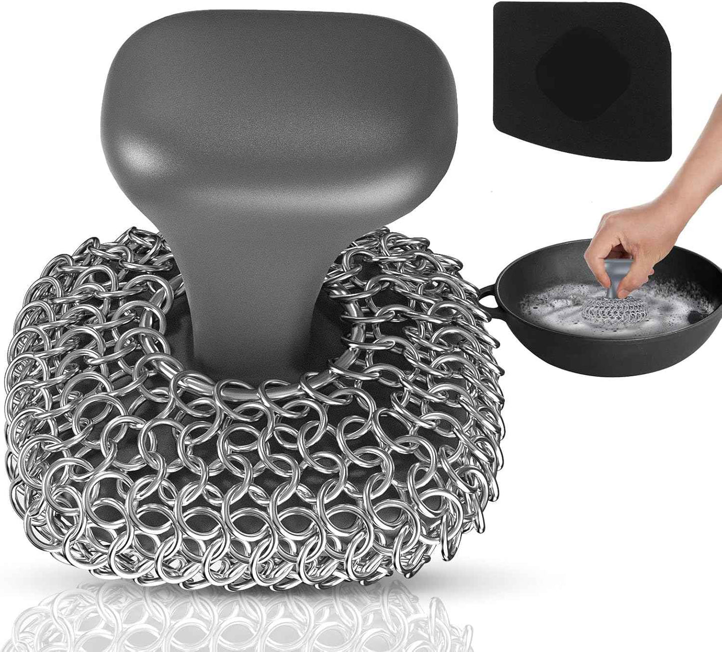 Purgreat Cast Iron Scrubber | Dish Scrub Brush | 316 Cast Iron Cleaner Chainmail Scrubber for Pan Skillet Cleaner - Dish Scouring Pad Dishwasher Safe Cleaning Kit, Black 03