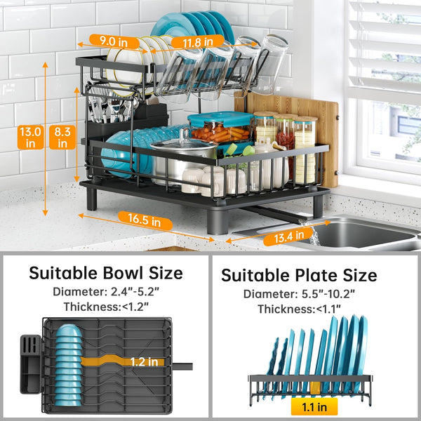 Compact 2 Tier Dish Drying Rack for Kitchen Counter