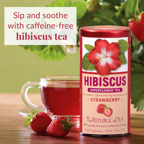 The Republic of Tea Hibiscus Strawberry Tea 36 Tea Bags Herbal Blend Caffeine Free Gluten Free