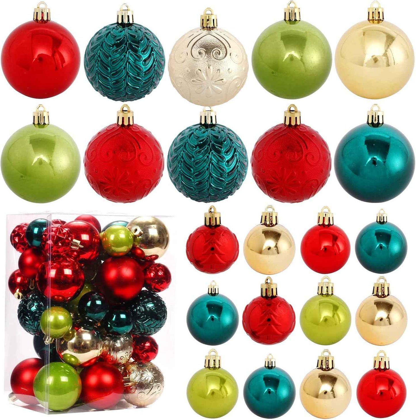 Christmas Tree Ornaments, Green Red White Christmas Ball Ornaments Set of 60 Pack Shatterproof Plastic Xmas Decorations for Home Party Tree