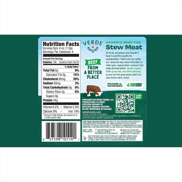 Verde Farms, Beef Stew Meat, Organic, Grass-Fed, 1 lb