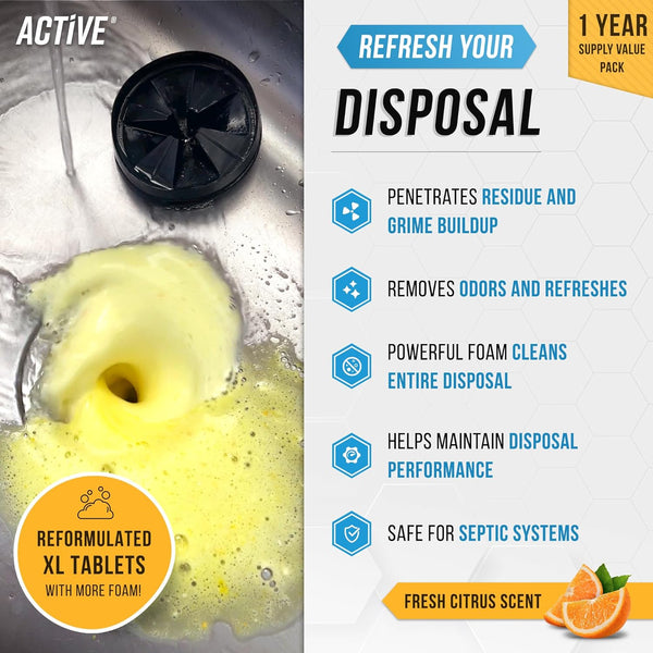 Garbage disposal cleaner tablets, foaming citrus fresh, 24-pack, odor-causing residue removal, weekly maintenance