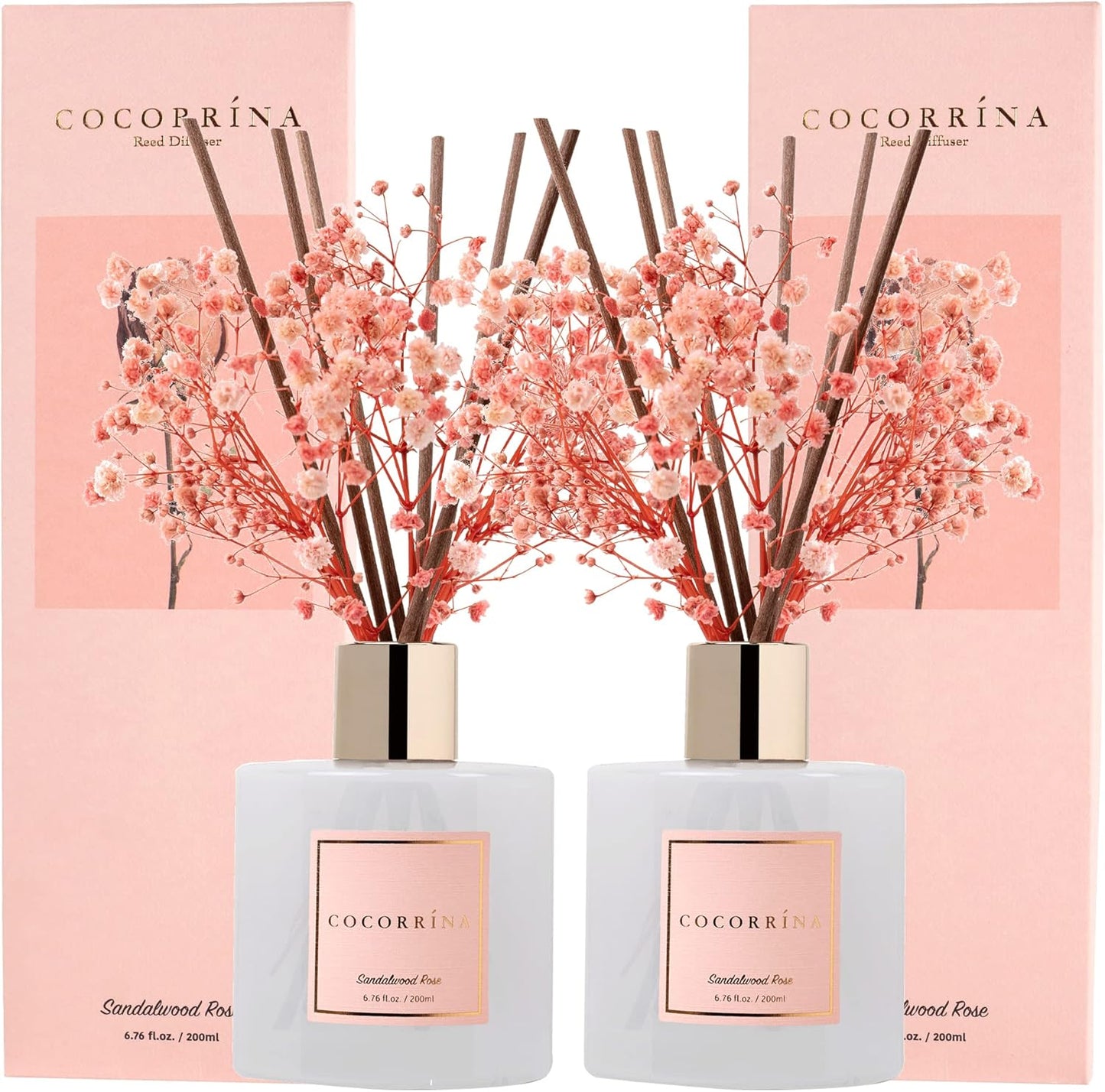 Cocorrína Premium Reed Diffuser Set with Preserved Baby's Breath & Cotton Stick Cashmere Vanilla | 6.7 fl oz Scent Fragrance Oil Diffuser for Bedroom Bathroom Home Décor