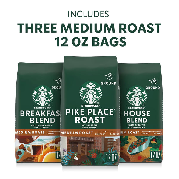 Starbucks Ground Coffee, Medium Roast, Variety Pack, Three 12 oz Bags
